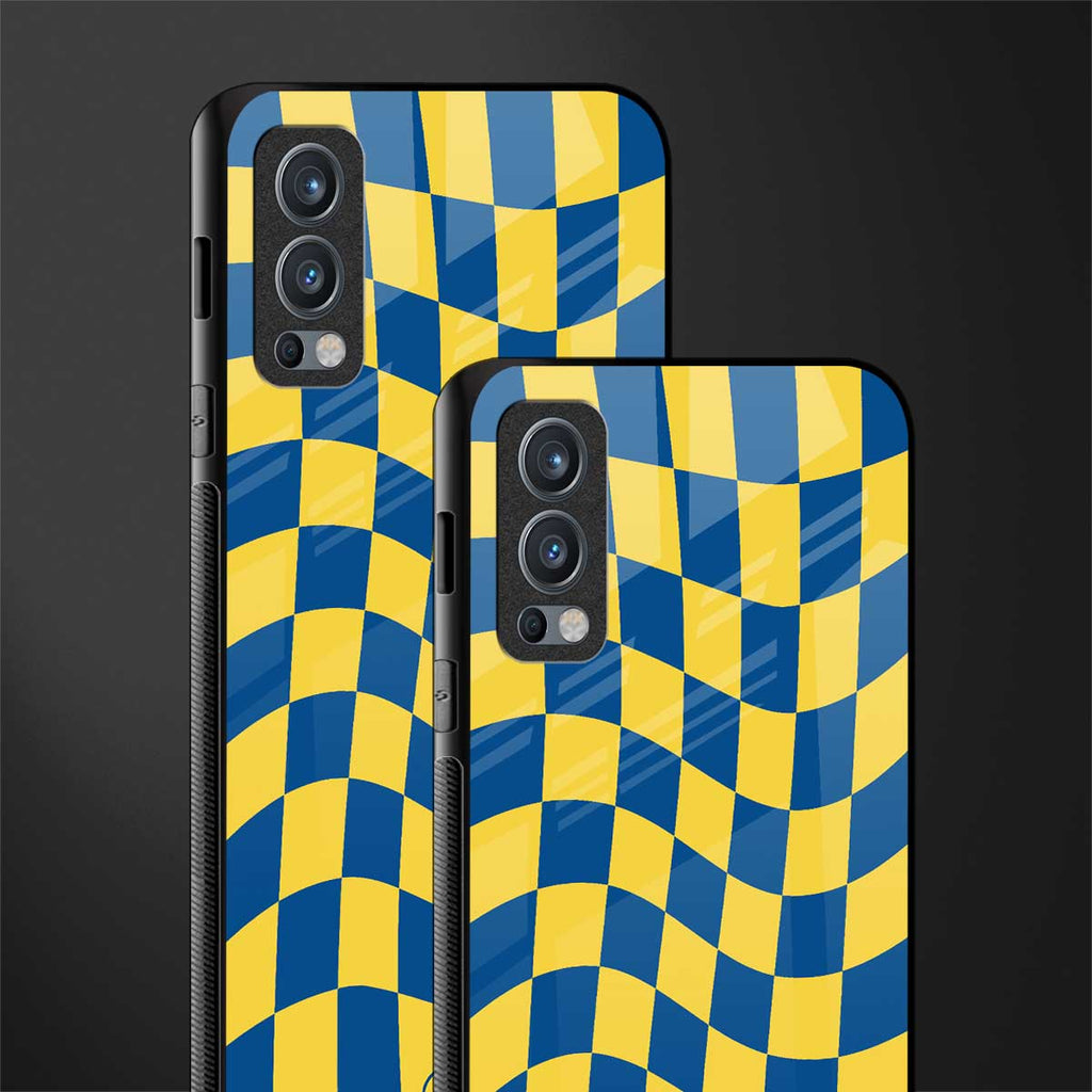 yellow blue trippy check pattern glass case for oneplus nord 2 5g image-2