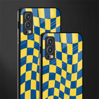 yellow blue trippy check pattern glass case for oneplus nord 2 5g image-2
