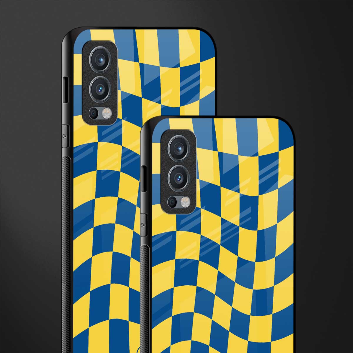 yellow blue trippy check pattern glass case for oneplus nord 2 5g image-2