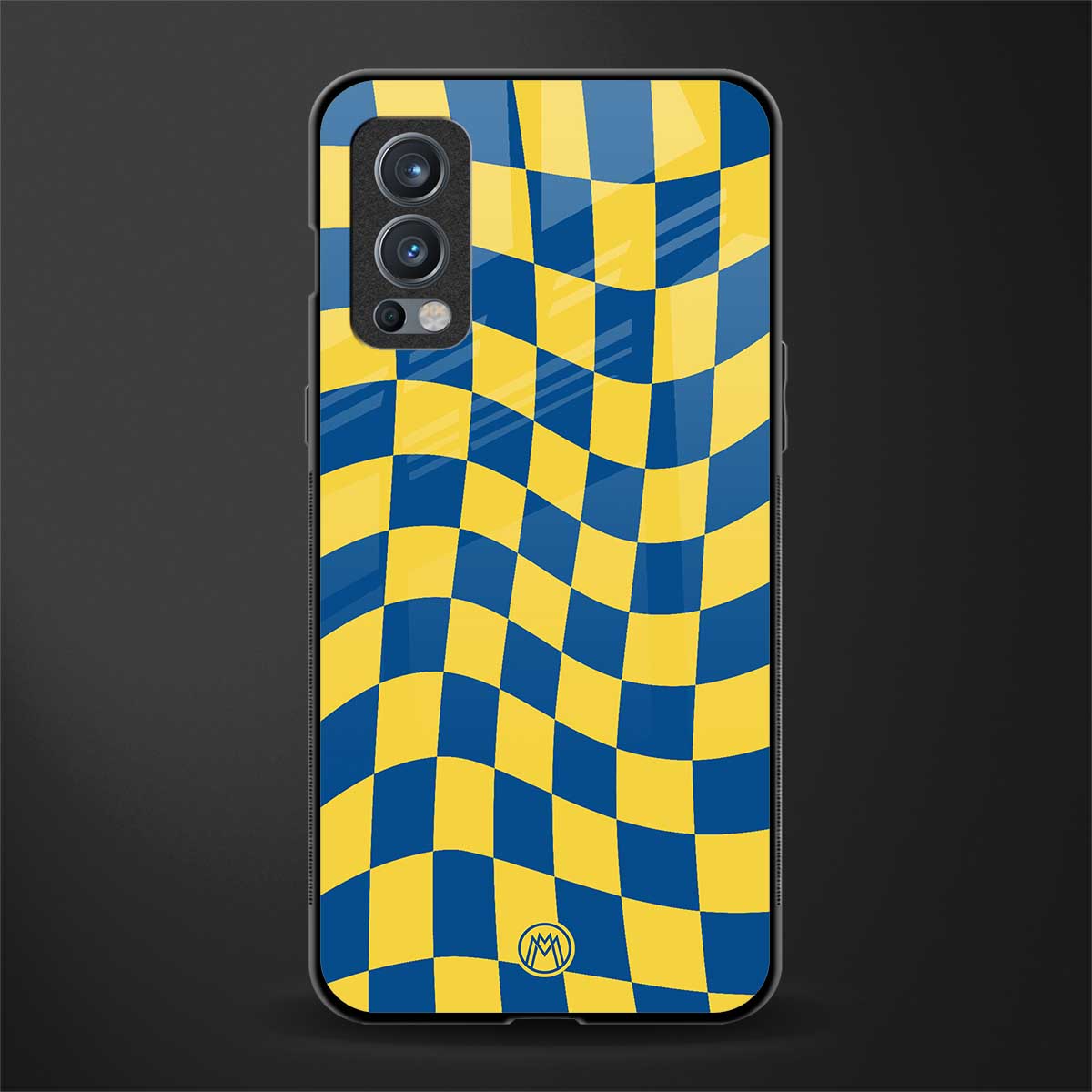 yellow blue trippy check pattern glass case for oneplus nord 2 5g image