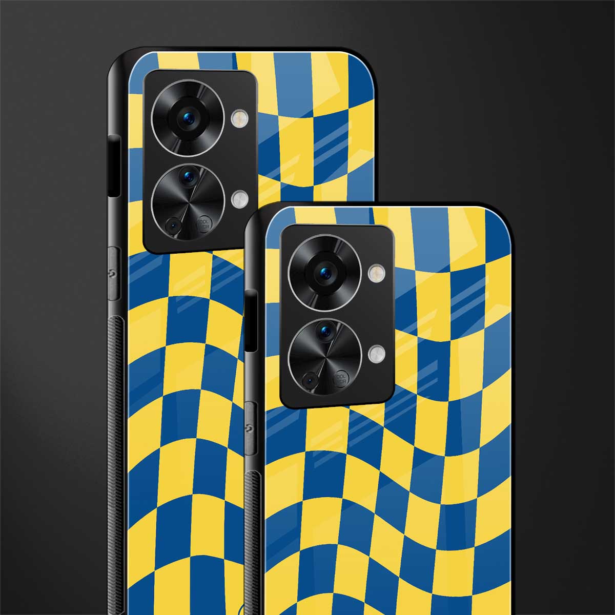 yellow blue trippy check pattern glass case for phone case | glass case for oneplus nord 2t 5g