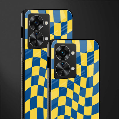 yellow blue trippy check pattern glass case for phone case | glass case for oneplus nord 2t 5g