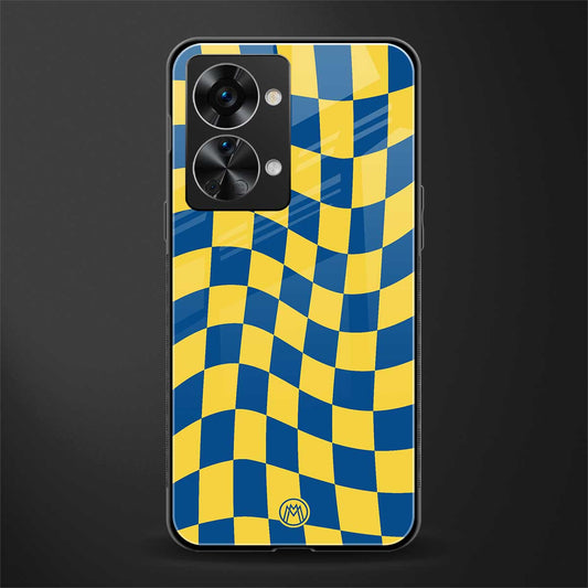 yellow blue trippy check pattern glass case for phone case | glass case for oneplus nord 2t 5g