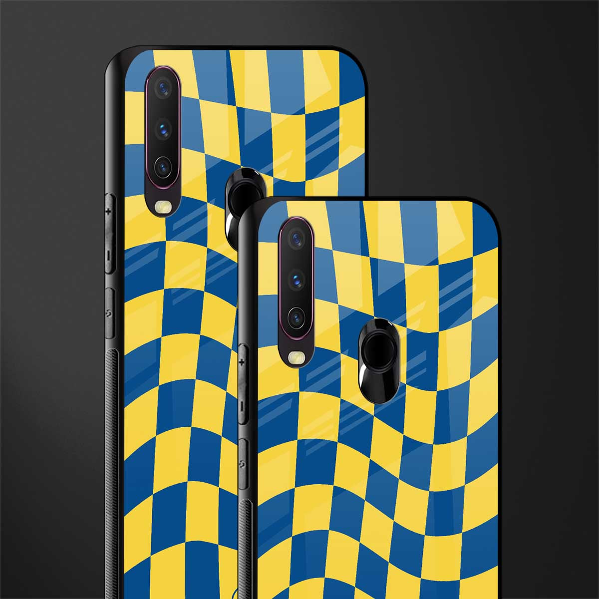 yellow blue trippy check pattern glass case for vivo y17 image-2