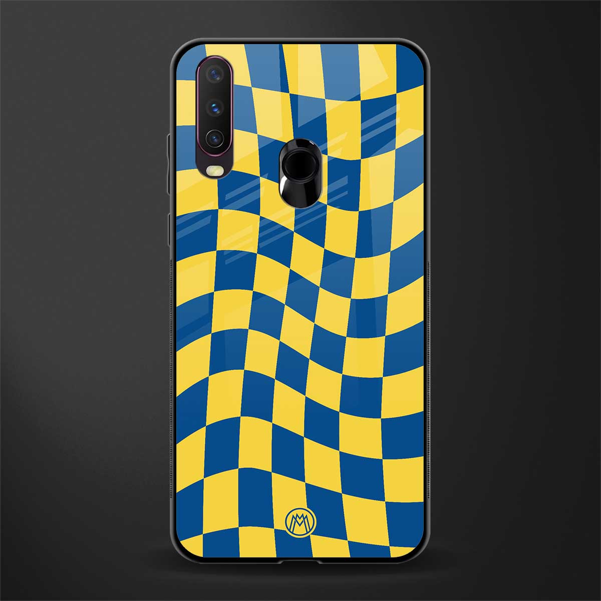 yellow blue trippy check pattern glass case for vivo y17 image