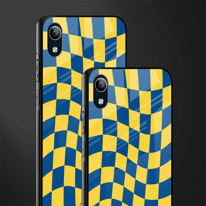 yellow blue trippy check pattern glass case for vivo y1s without fingerprint image-2