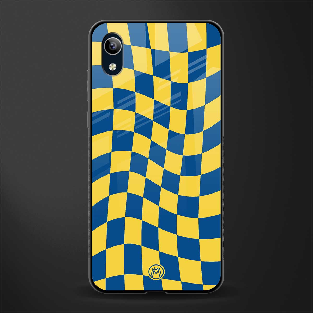 yellow blue trippy check pattern glass case for vivo y91i image