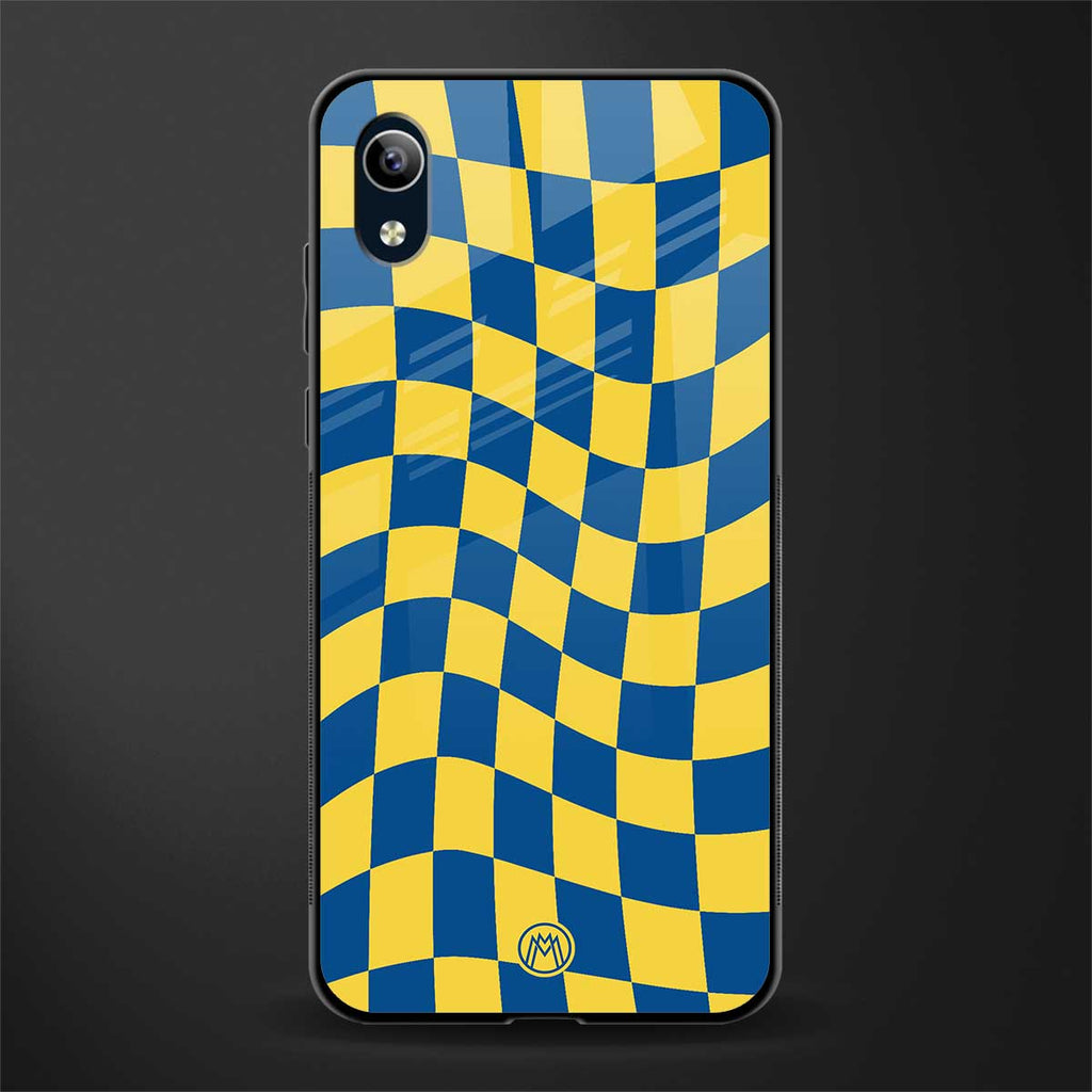 yellow blue trippy check pattern glass case for vivo y1s without fingerprint image