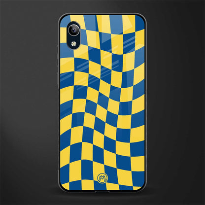 yellow blue trippy check pattern glass case for vivo y1s without fingerprint image