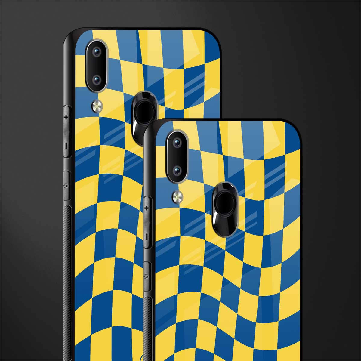 yellow blue trippy check pattern glass case for vivo y93 image-2