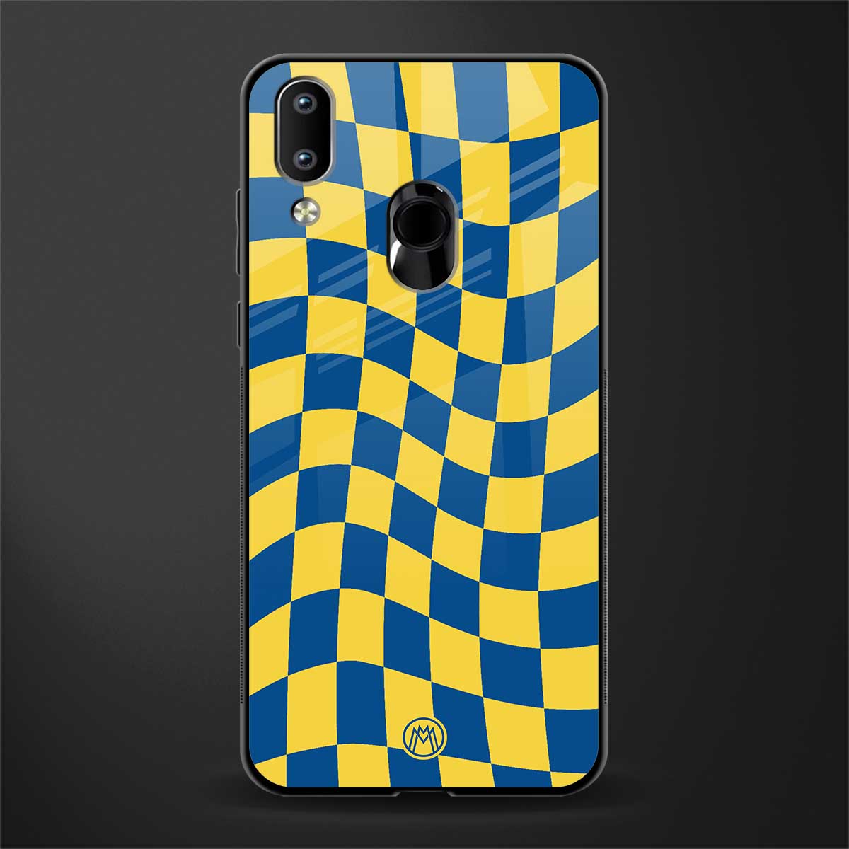 yellow blue trippy check pattern glass case for vivo y93 image