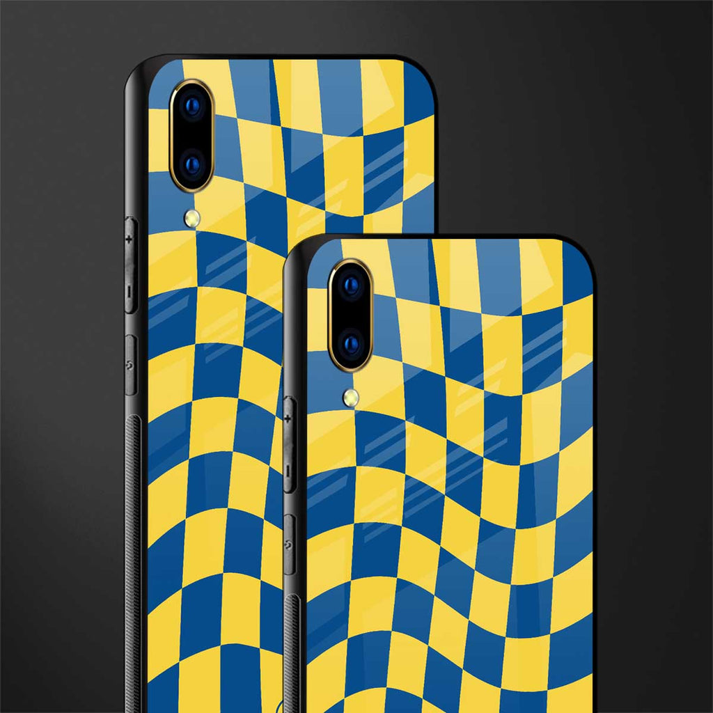 yellow blue trippy check pattern glass case for vivo v11 pro image-2