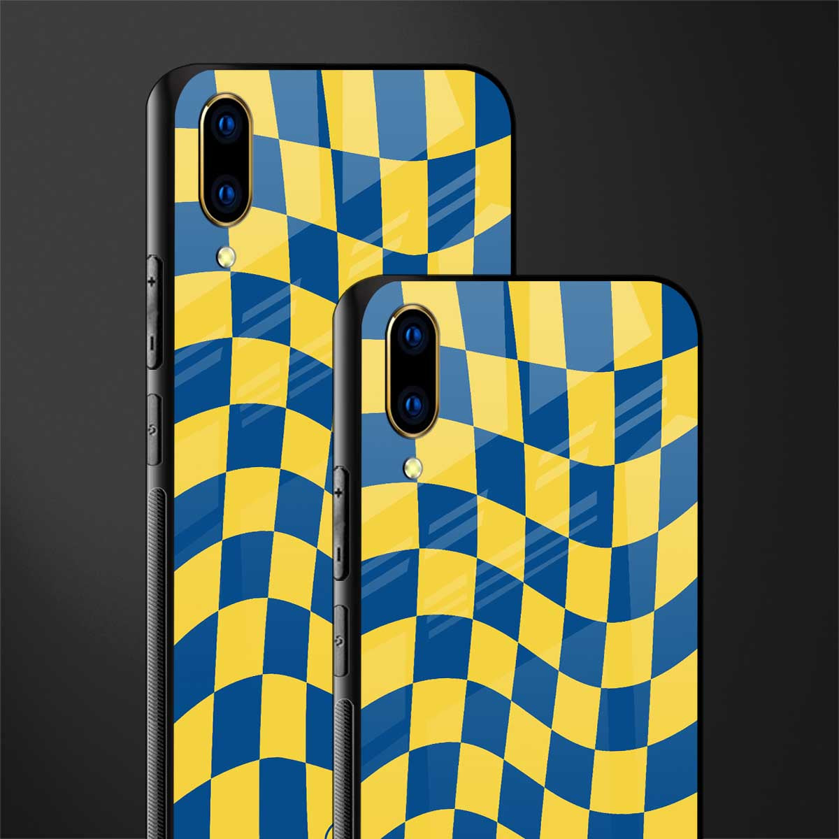 yellow blue trippy check pattern glass case for vivo v11 pro image-2
