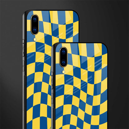 yellow blue trippy check pattern glass case for vivo v11 pro image-2