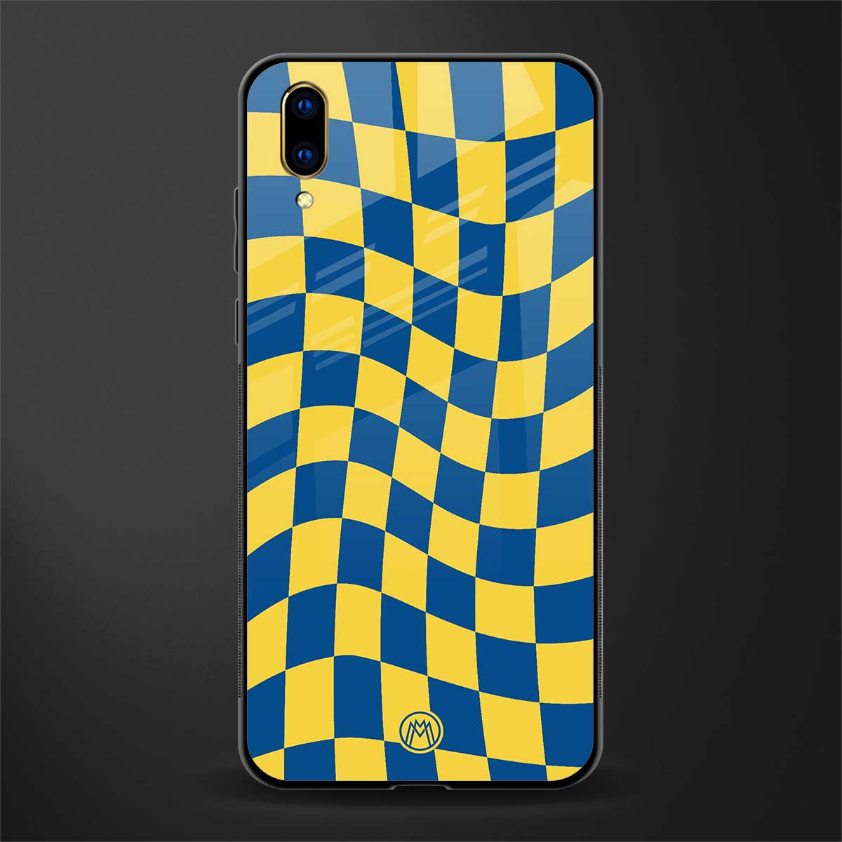yellow blue trippy check pattern glass case for vivo v11 pro image