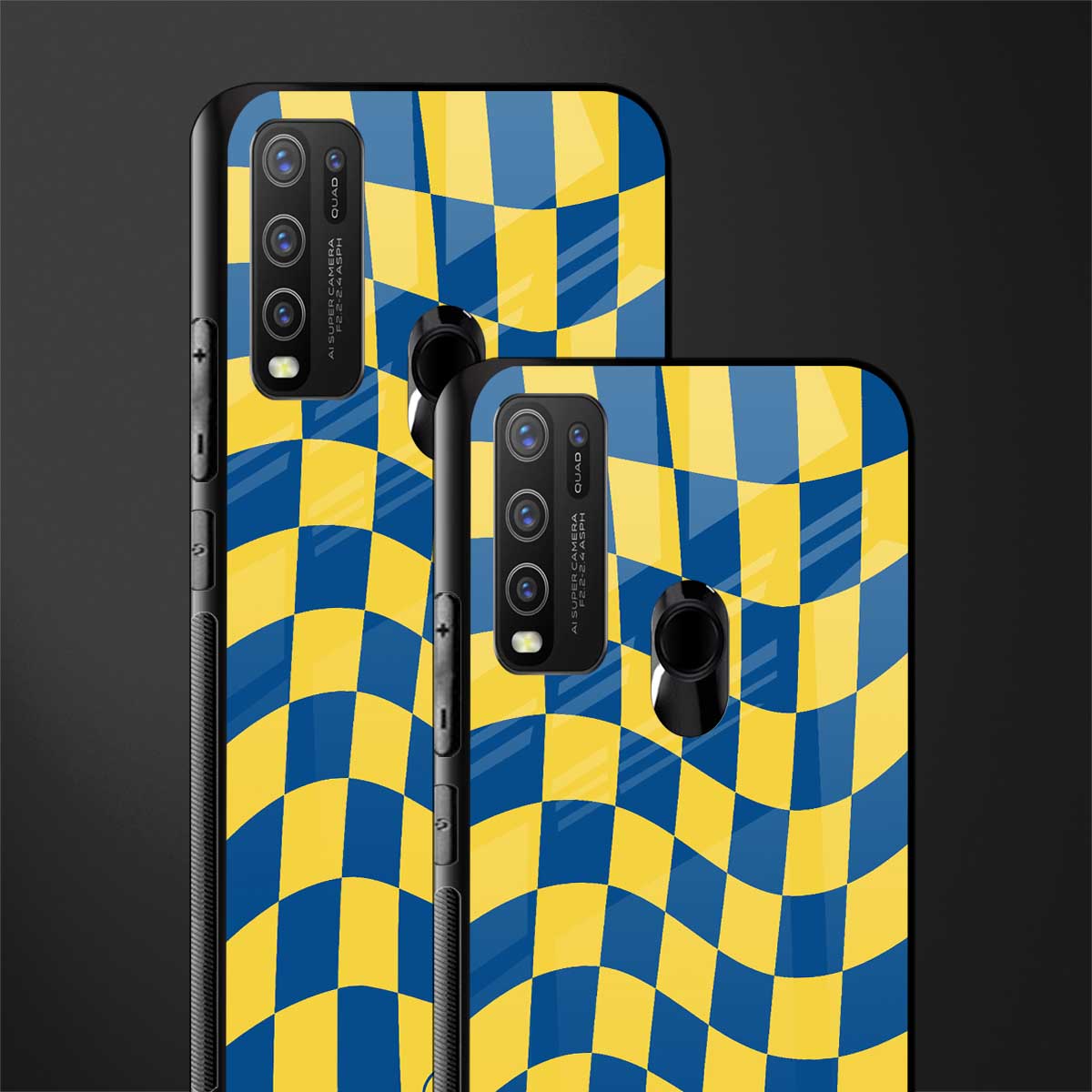 yellow blue trippy check pattern glass case for vivo y30 image-2