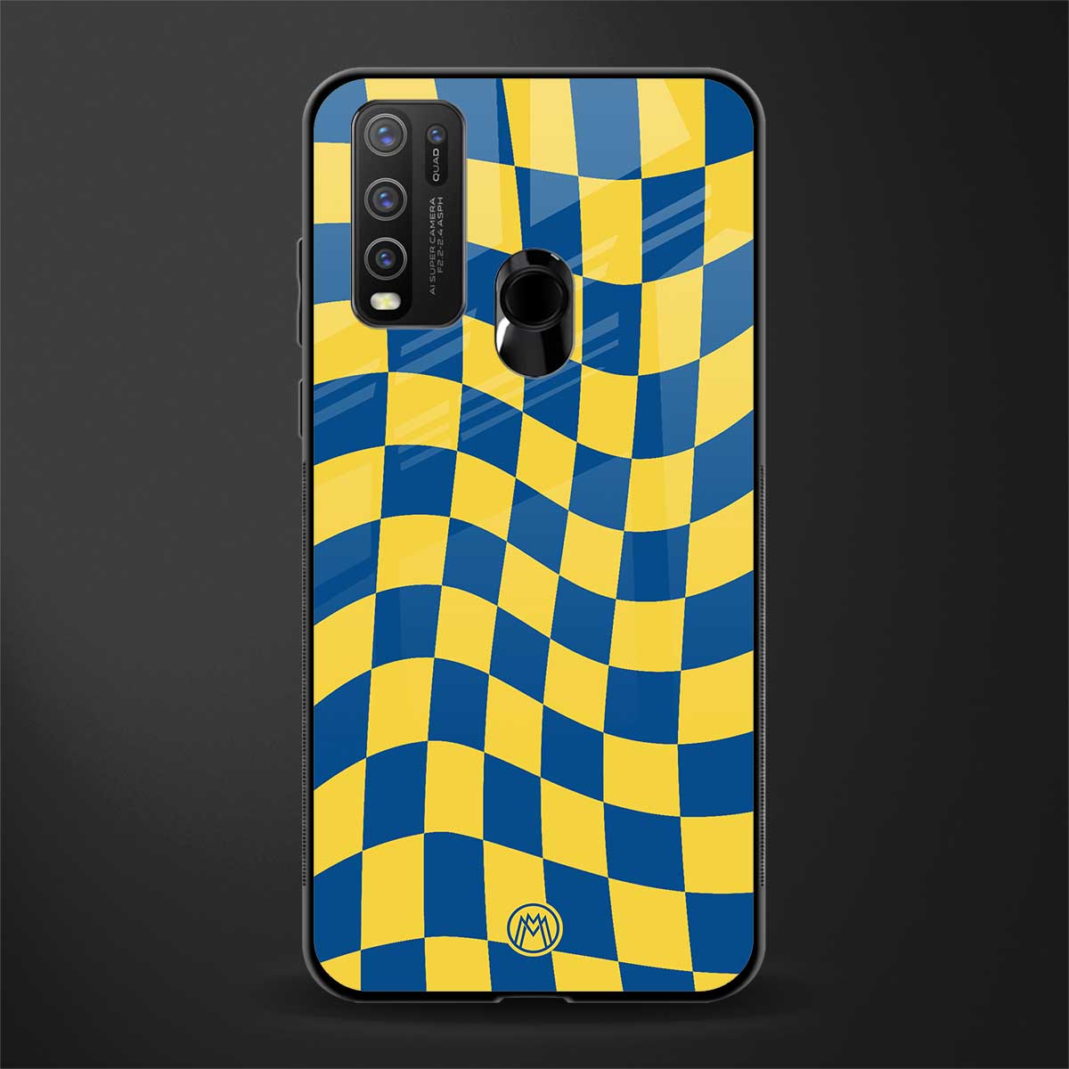 yellow blue trippy check pattern glass case for vivo y30 image