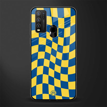 yellow blue trippy check pattern glass case for vivo y30 image