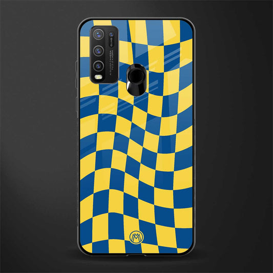 yellow blue trippy check pattern glass case for vivo y30 image