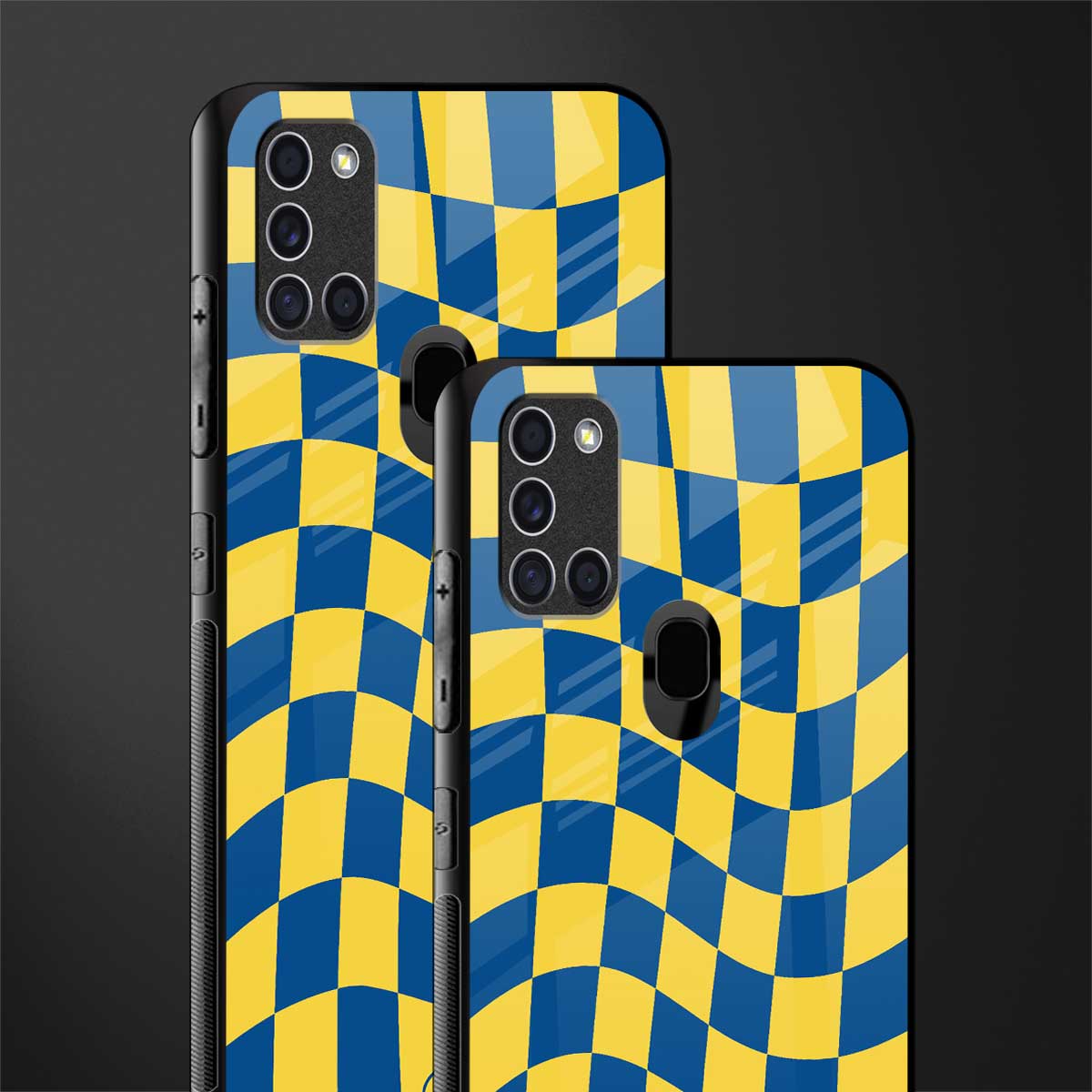 yellow blue trippy check pattern glass case for samsung galaxy a21s image-2