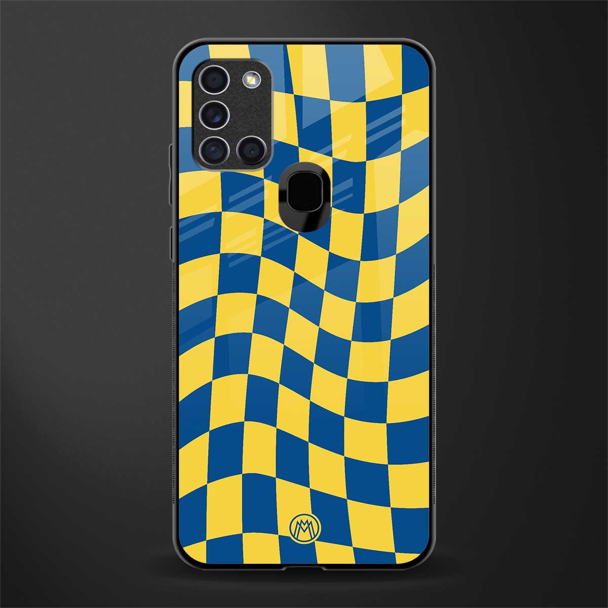 yellow blue trippy check pattern glass case for samsung galaxy a21s image