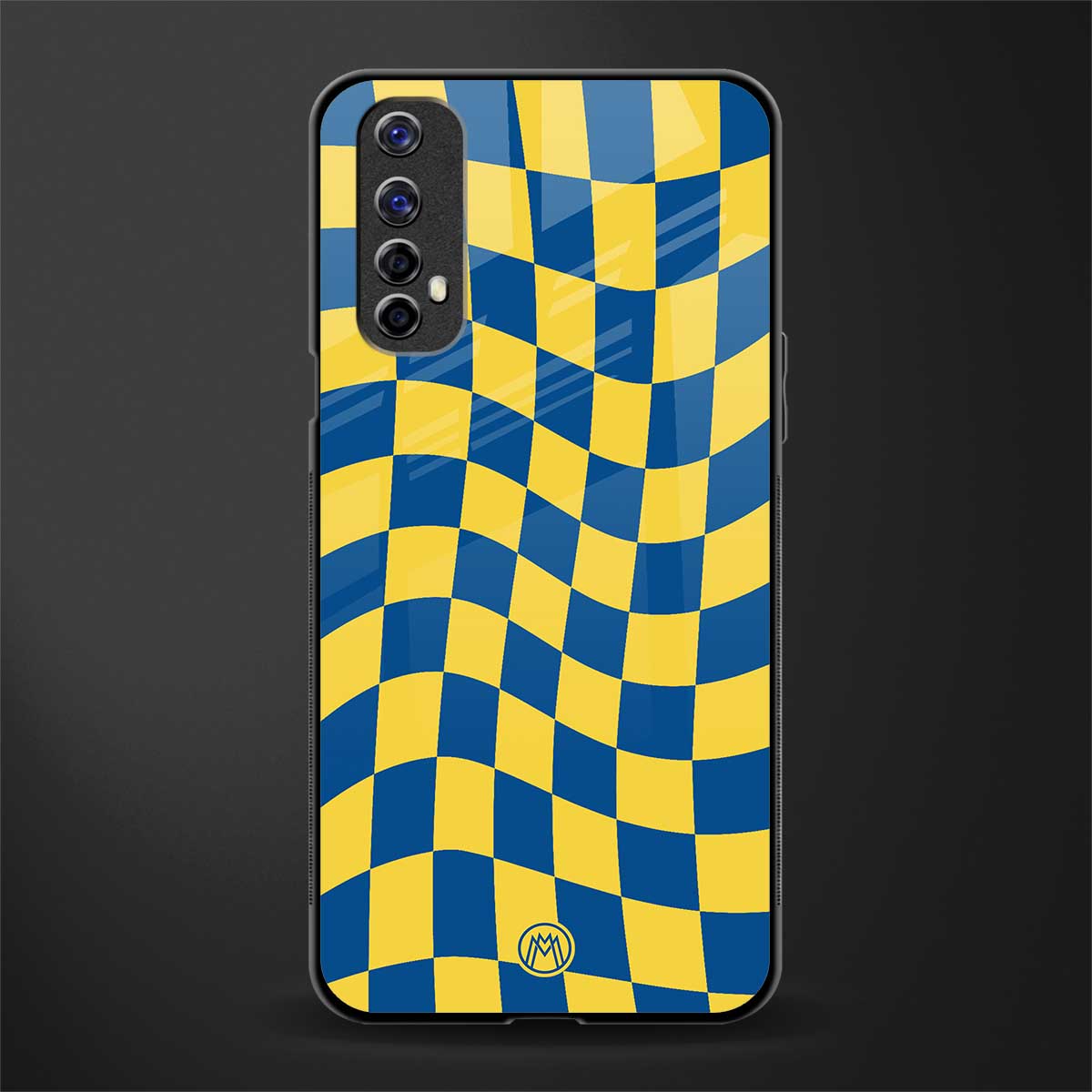 yellow blue trippy check pattern glass case for realme 7 image