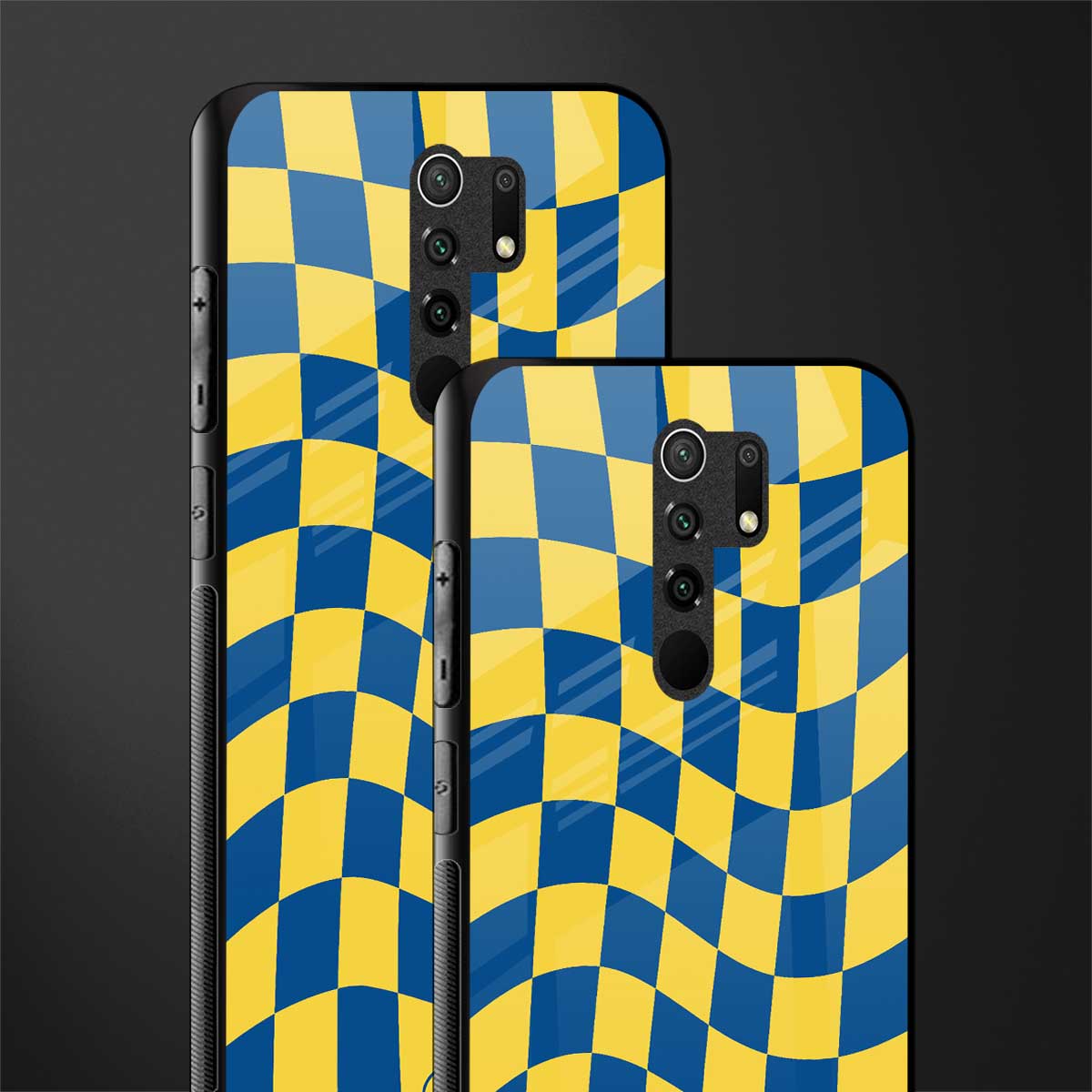 yellow blue trippy check pattern glass case for poco m2 image-2