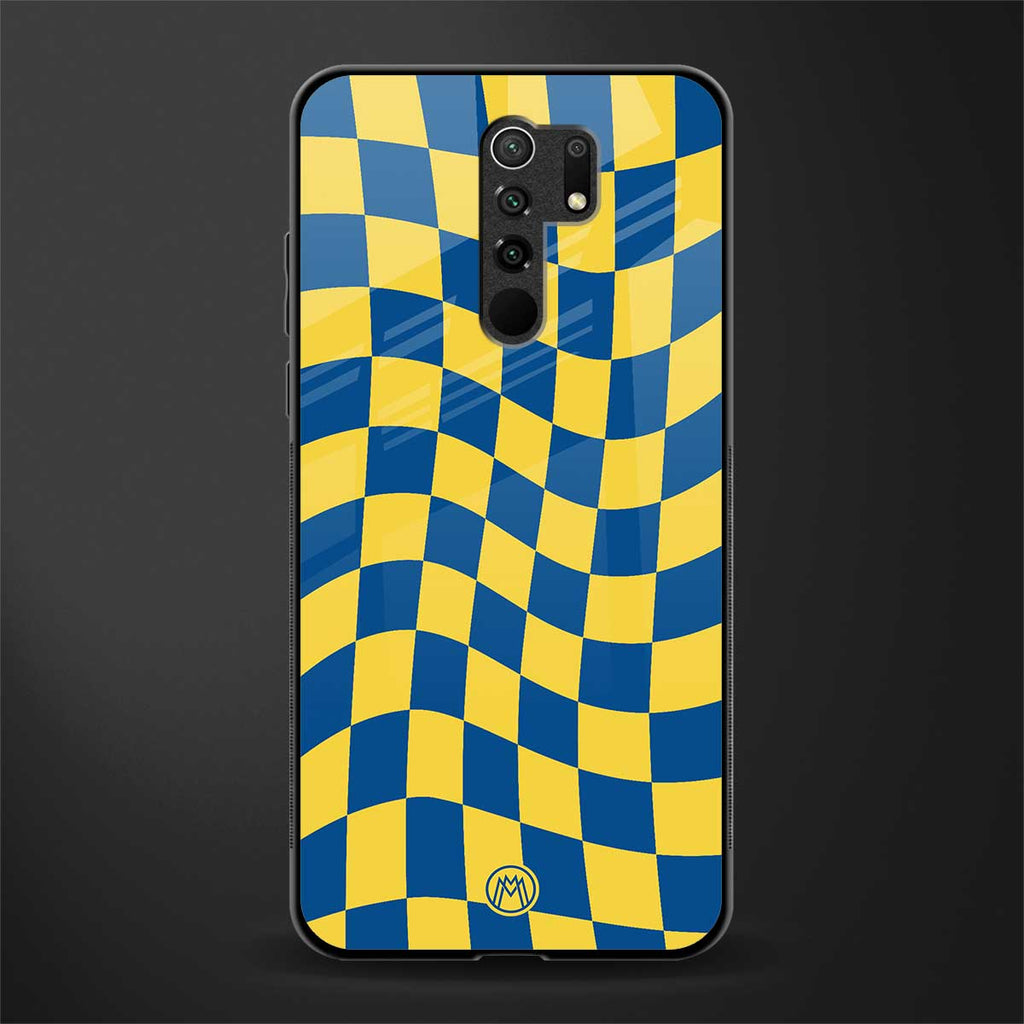 yellow blue trippy check pattern glass case for poco m2 image