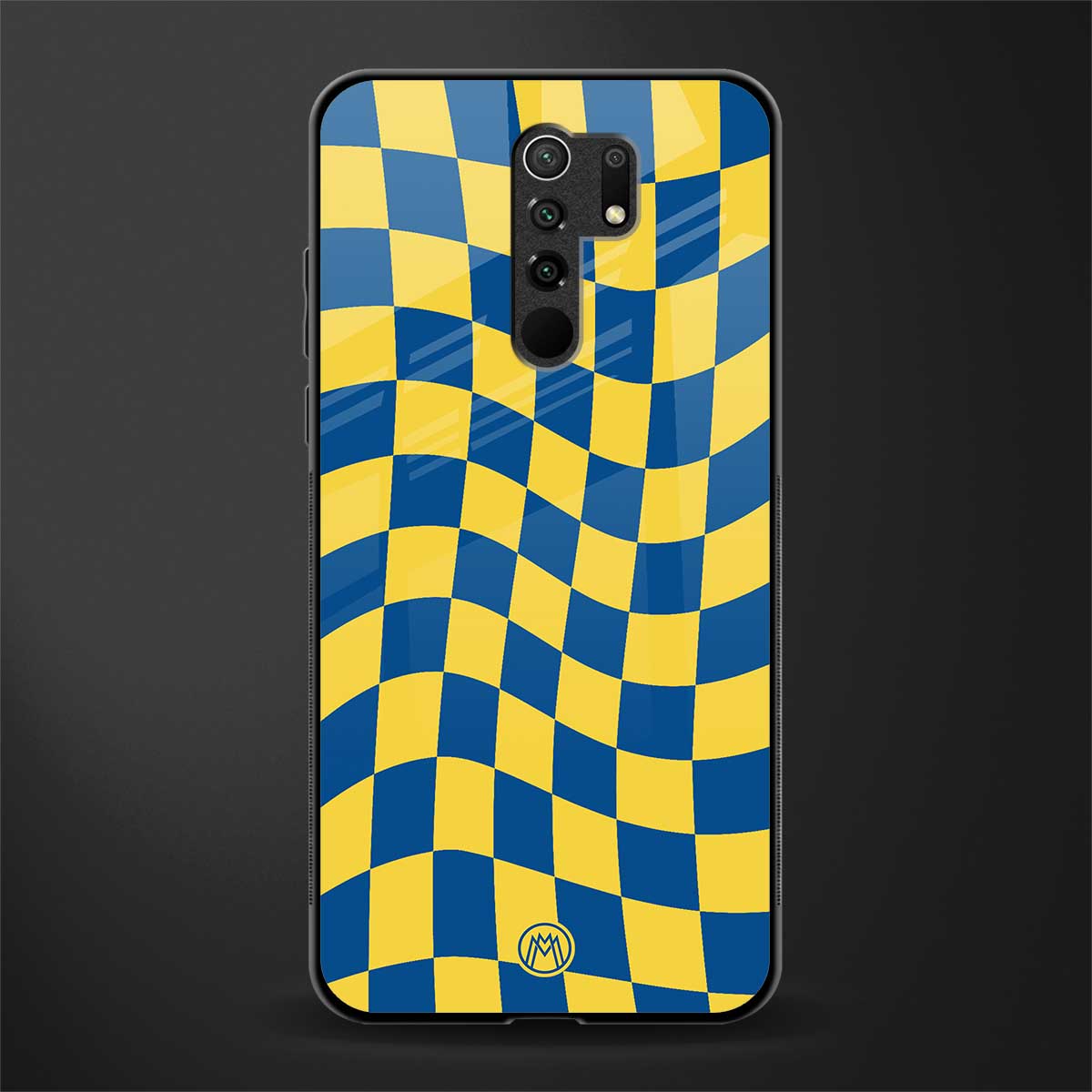 yellow blue trippy check pattern glass case for poco m2 image