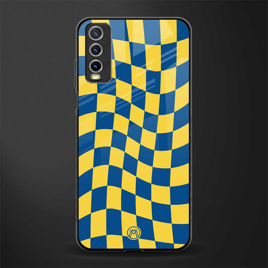 yellow blue trippy check pattern glass case for vivo y20 image