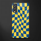 yellow blue trippy check pattern glass case for vivo y20i vivo y20t image