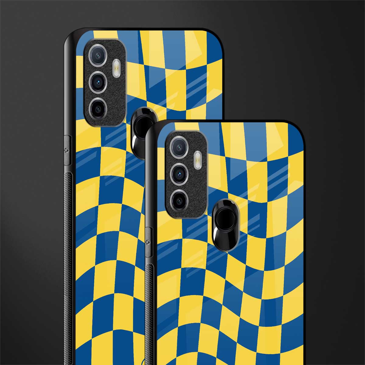 yellow blue trippy check pattern glass case for oppo a53 image-2