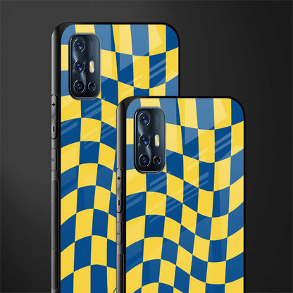 yellow blue trippy check pattern glass case for vivo v17 image-2