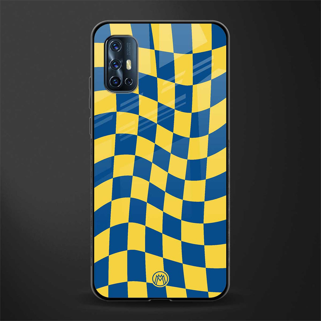 yellow blue trippy check pattern glass case for vivo v17 image