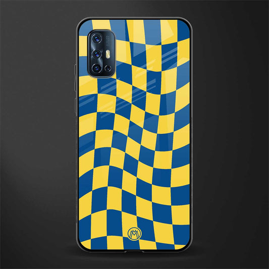 yellow blue trippy check pattern glass case for vivo v17 image