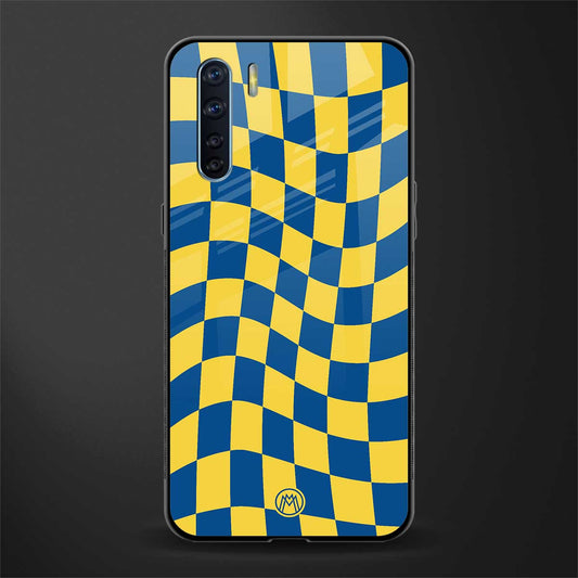 yellow blue trippy check pattern glass case for oppo f15 image