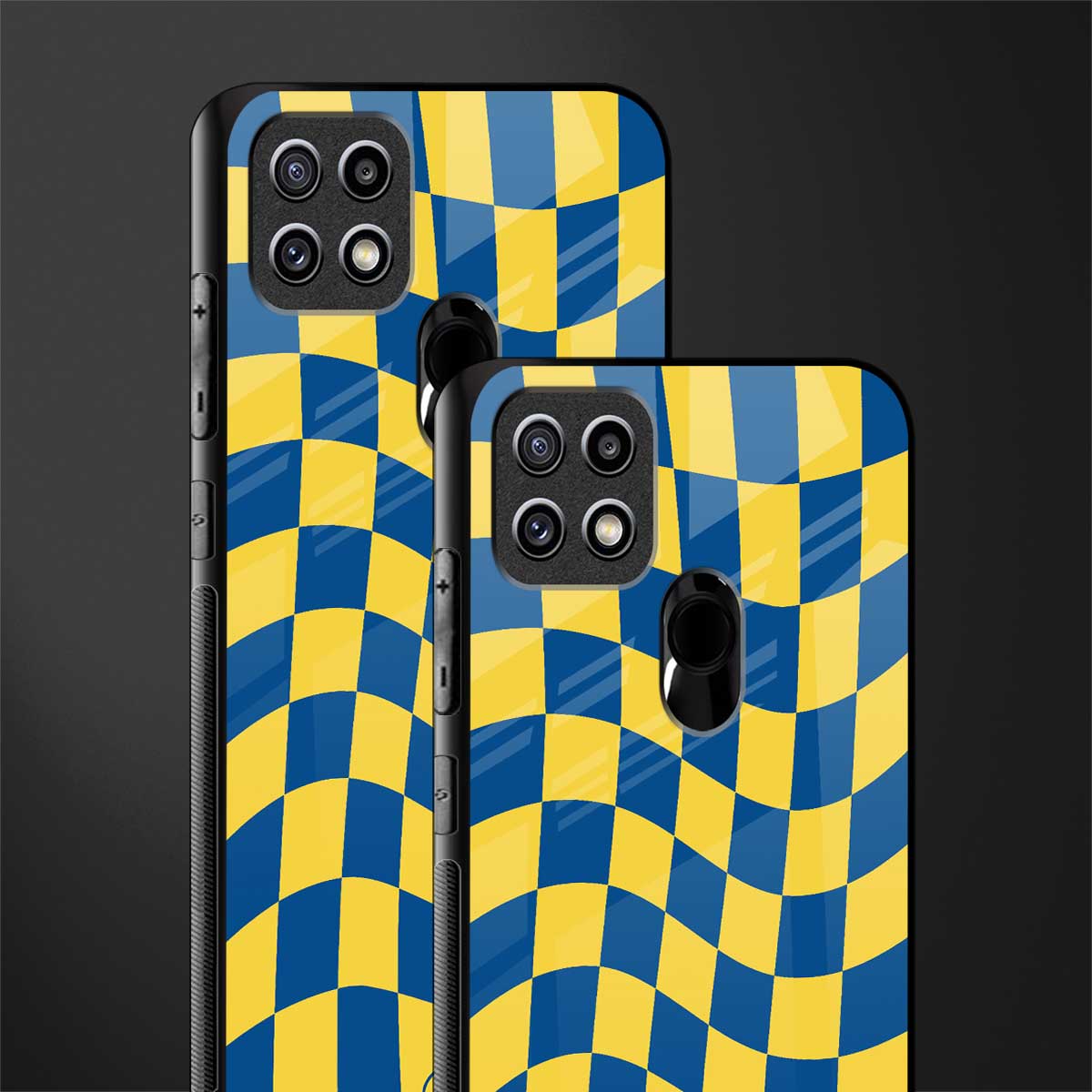 yellow blue trippy check pattern glass case for oppo a15s image-2