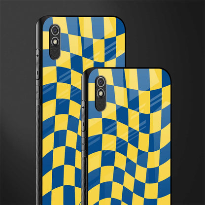 yellow blue trippy check pattern glass case for redmi 9a image-2