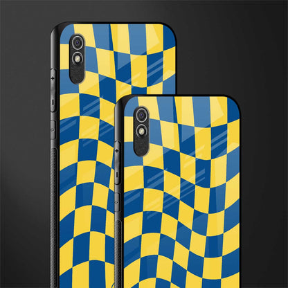 yellow blue trippy check pattern glass case for redmi 9i image-2