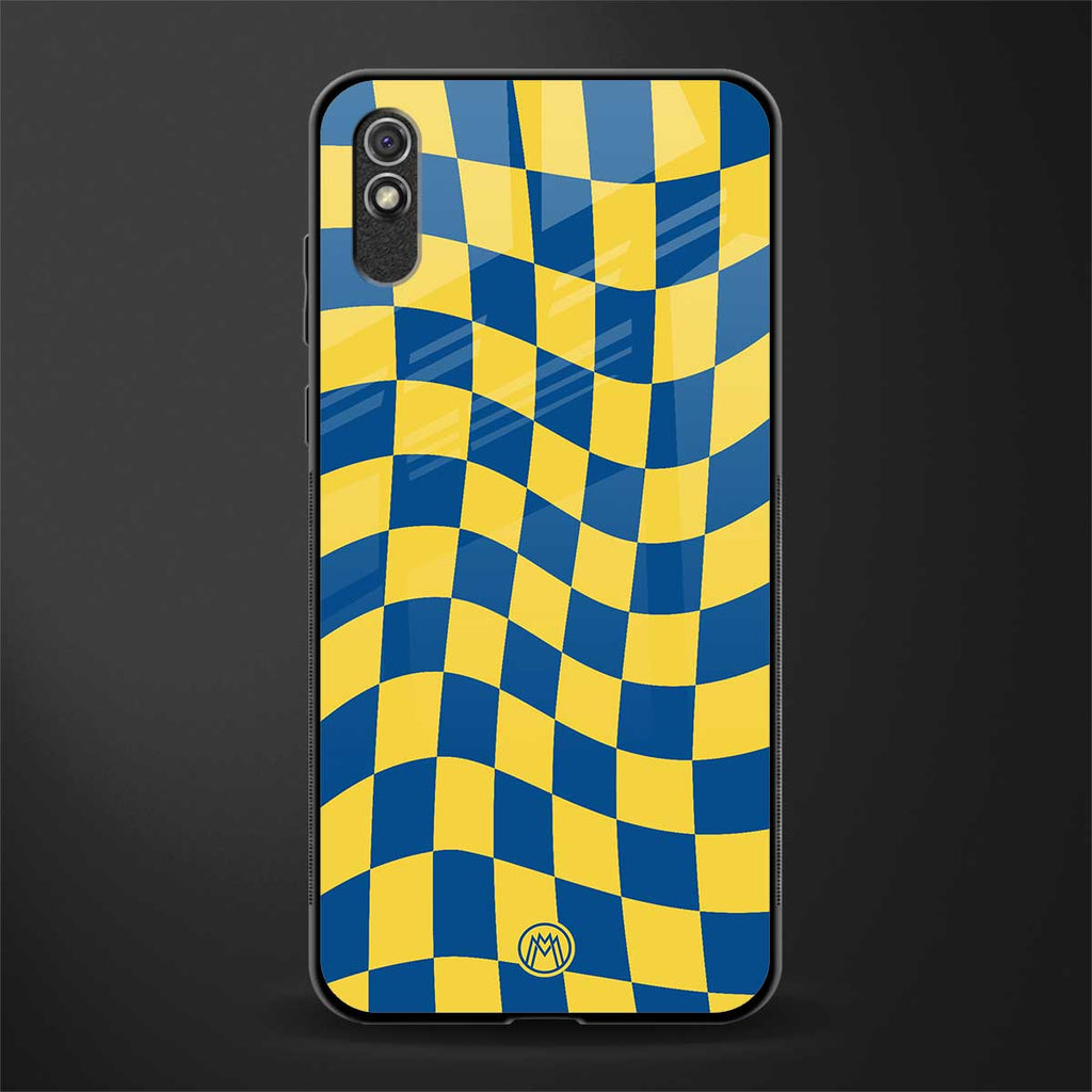 yellow blue trippy check pattern glass case for redmi 9a image
