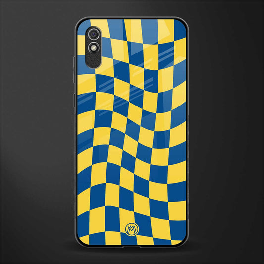 yellow blue trippy check pattern glass case for redmi 9i image
