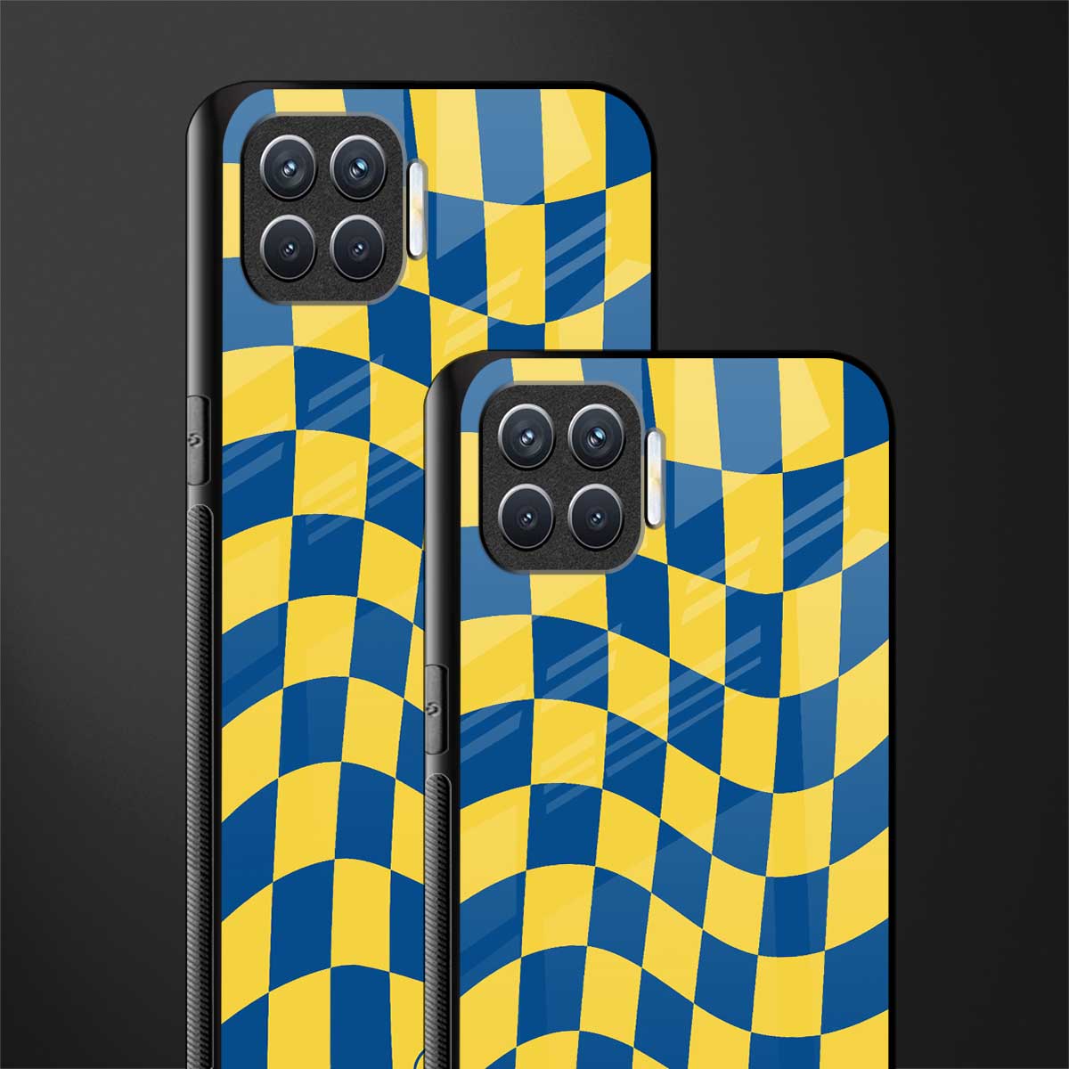 yellow blue trippy check pattern glass case for oppo f17 image-2