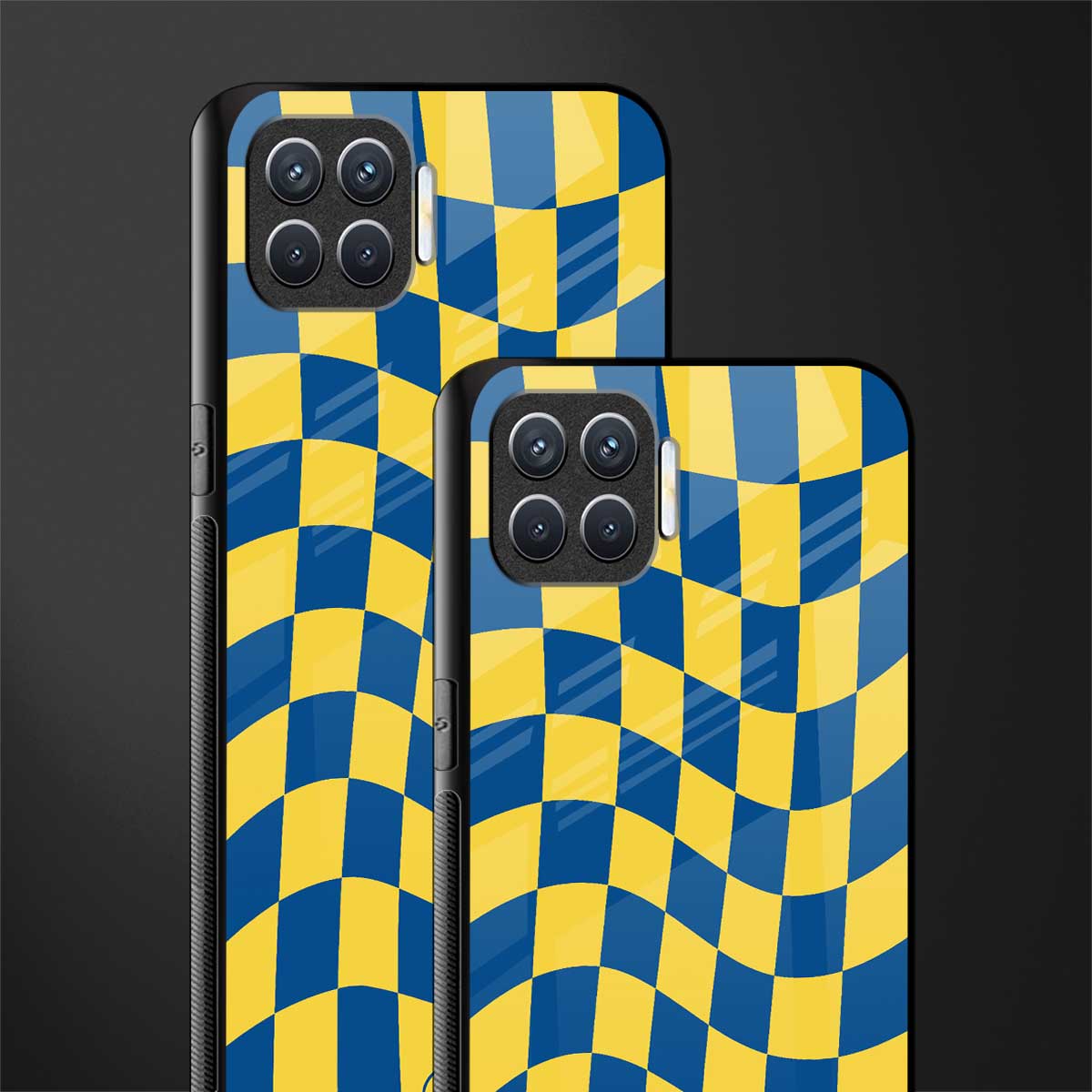 yellow blue trippy check pattern glass case for oppo f17 pro image-2