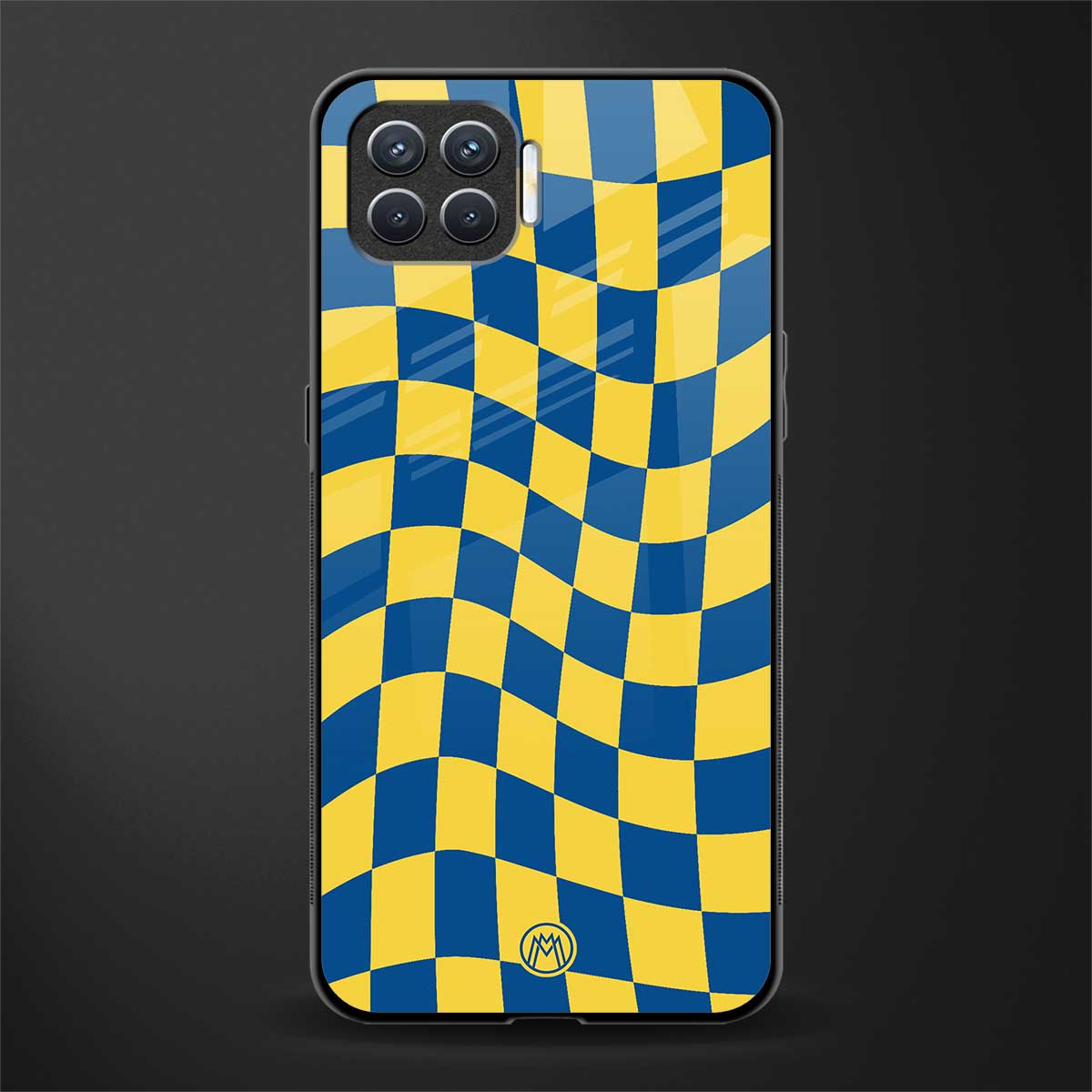 yellow blue trippy check pattern glass case for oppo f17 image