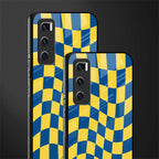 yellow blue trippy check pattern glass case for vivo v20 se image-2
