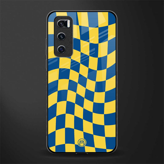 yellow blue trippy check pattern glass case for vivo v20 se image
