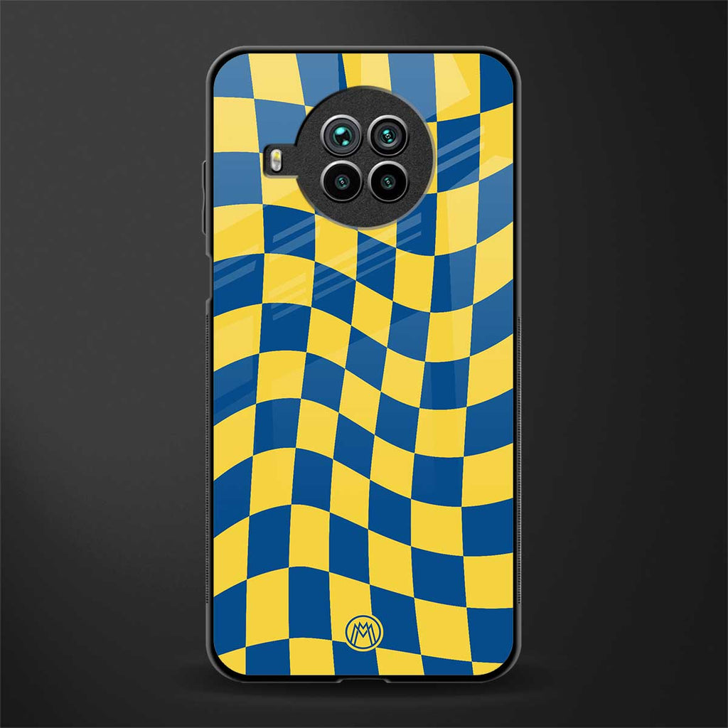 yellow blue trippy check pattern glass case for mi 10i image