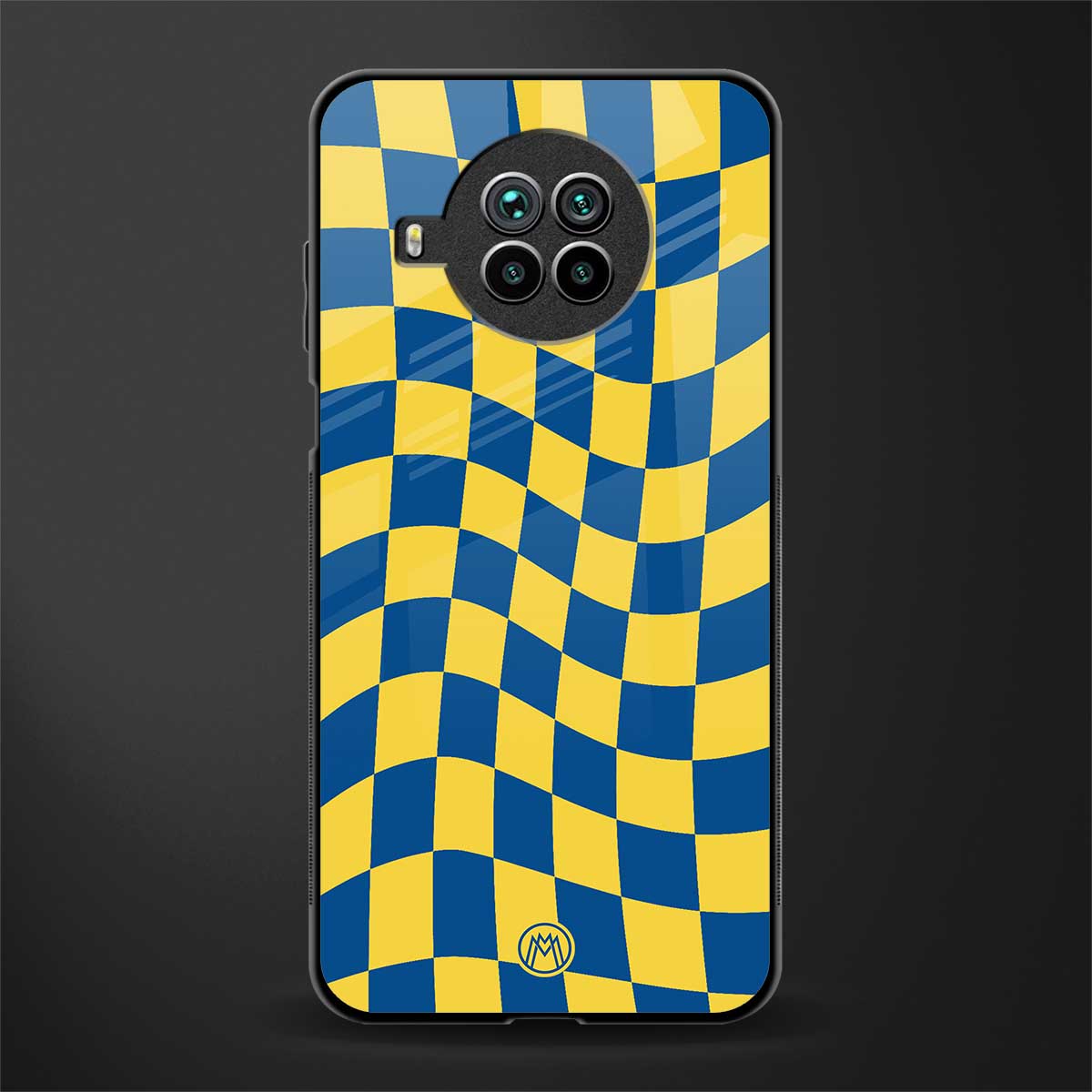 yellow blue trippy check pattern glass case for mi 10i image