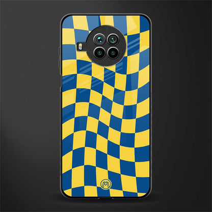 yellow blue trippy check pattern glass case for mi 10i image