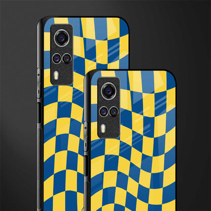 yellow blue trippy check pattern glass case for vivo y51a image-2
